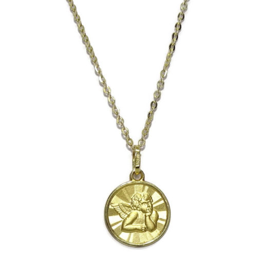 Medalla para bebé con Angelito de 13mm y Cadena Forzada picada de 40cm