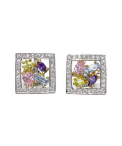 Pendientes oro blanco de 18k y circonitas de color con cierre presión. Peso; 1.95 gr de oro de 18k