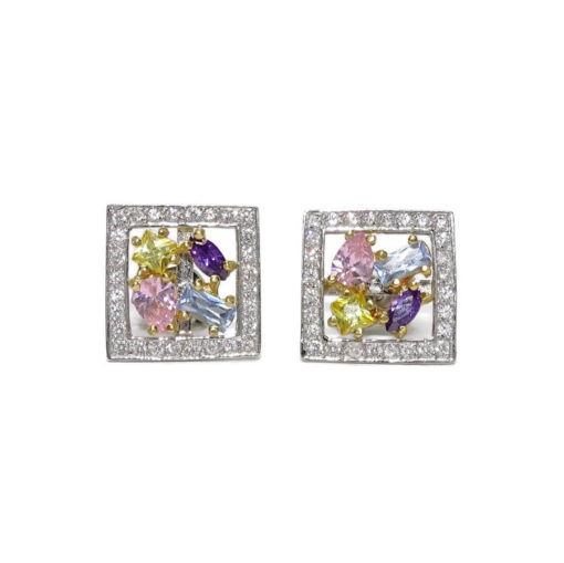 Pendientes oro blanco de 18k y circonitas de color con cierre presión. Peso; 1.95 gr de oro de 18k