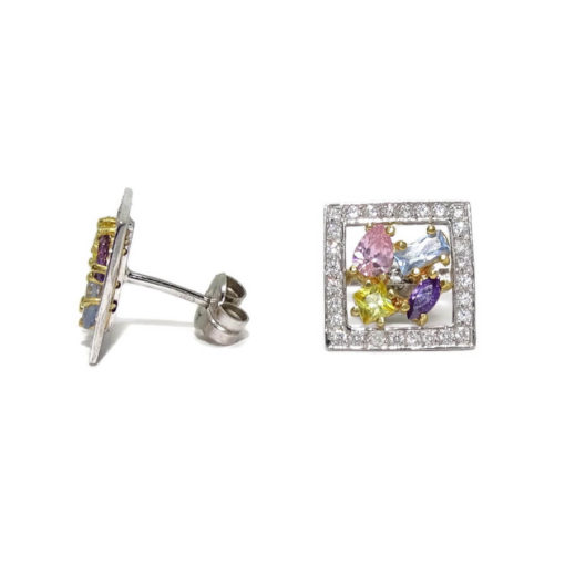 Pendientes oro blanco de 18k y circonitas de color con cierre presión. Peso; 1.95 gr de oro de 18k - Imagen 5