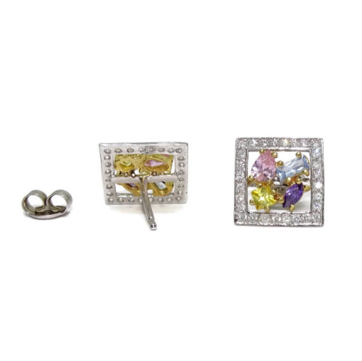 Pendientes oro blanco de 18k y circonitas de color con cierre presión. Peso; 1.95 gr de oro de 18k - Imagen 4