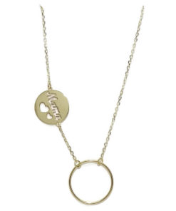 Collar de oro amarillo de 18k con cadena forzada ligera con karma y mamá.