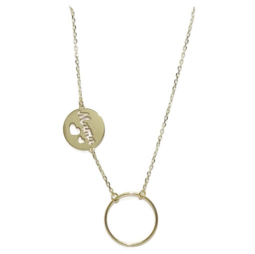 Collar de oro amarillo de 18k con cadena forzada ligera con karma y mamá.