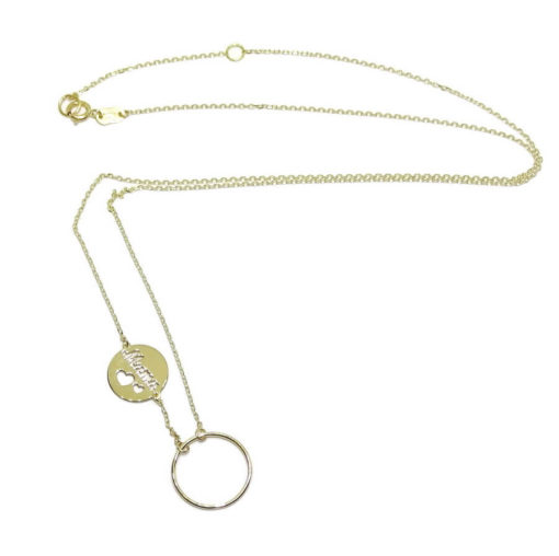 Collar de oro amarillo de 18k con cadena forzada ligera con karma y mamá. - Imagen 3