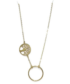 Collar de Oro Amarillo de 18k con Cadena Forzada Ligera con Karma de 1.30cm de diámetro y árbol de la vida de 1.00cm