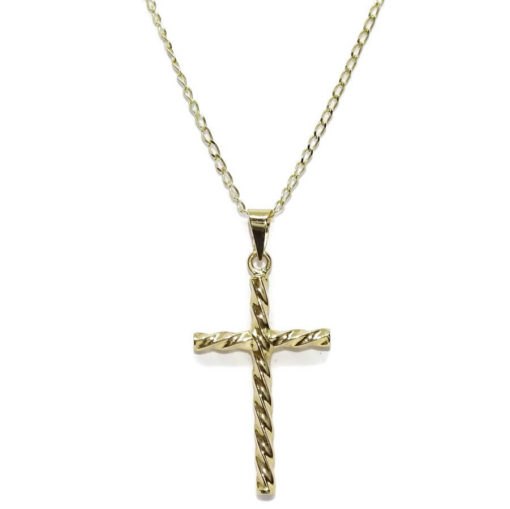 cruz de oro amarillo brillo de 18K con tubo redondo y con cadena maciza