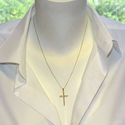 cruz de oro amarillo brillo de 18K con tubo redondo y con cadena maciza - Imagen 2