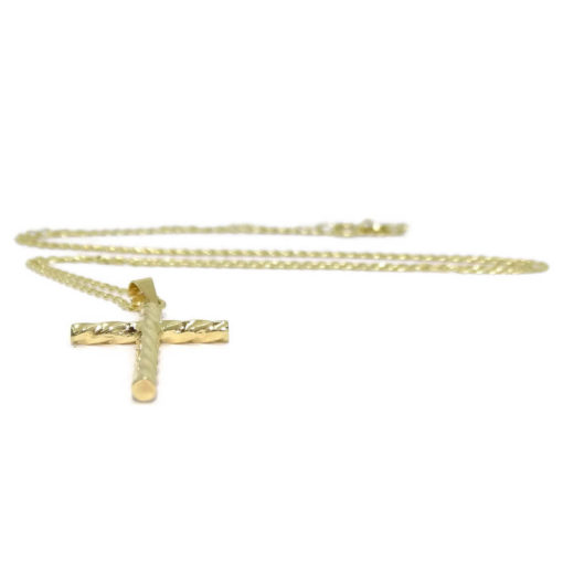 cruz de oro amarillo brillo de 18K con tubo redondo y con cadena maciza - Imagen 4