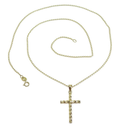 cruz de oro amarillo brillo de 18K con tubo redondo y con cadena maciza - Imagen 6