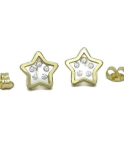 Pendientes estrellas de oro amarillo de 18k con 10 circonitas de la mejor calidad insertadas en metacrilato y cierre presión.