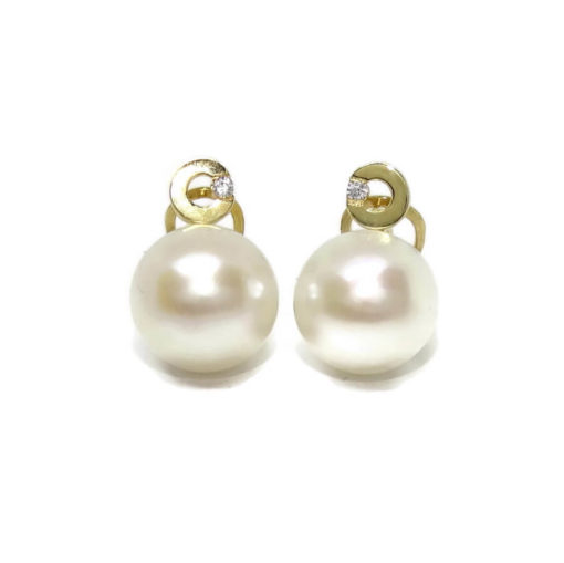 Pendientes de oro amarillo con perla natural cultivada tipo botón de 11mm y 2 circonitas