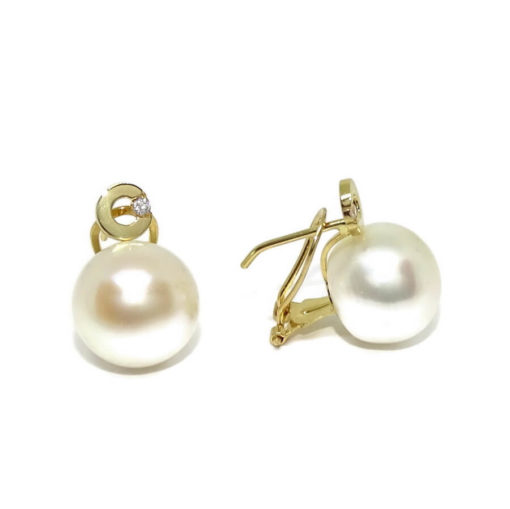 Pendientes de oro amarillo con perla natural cultivada tipo botón de 11mm y 2 circonitas - Imagen 3