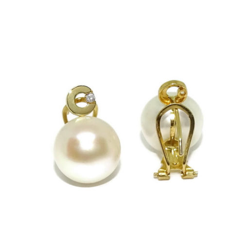 Pendientes de oro amarillo con perla natural cultivada tipo botón de 11mm y 2 circonitas - Imagen 6