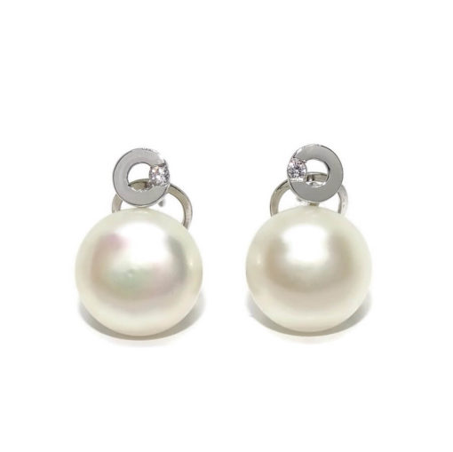 Pendientes de oro amarillo con perla natural cultivada tipo botón de 11mm y 2 circonitas