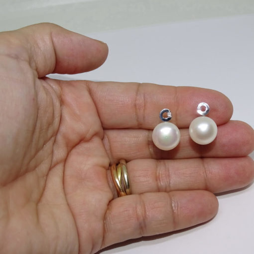 Pendientes de oro amarillo con perla natural cultivada tipo botón de 11mm y 2 circonitas - Imagen 6