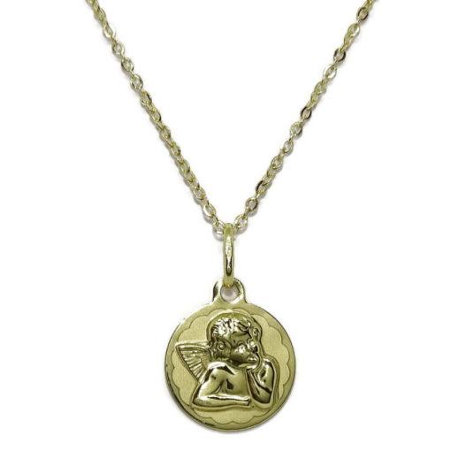 Medalla para bebé con Angelito de 14mm y Cadena Forzada picada de 40cm. Peso, 1.75gr de Oro de 18k