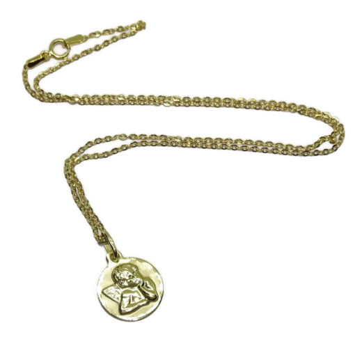 Medalla para bebé con Angelito de 14mm y Cadena Forzada picada de 40cm. Peso, 1.75gr de Oro de 18k - Imagen 5