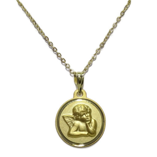 Medalla para bebé con Angelito de 14mm y Cadena Forzada picada de 40cm. 2.45gr de Oro de 18k