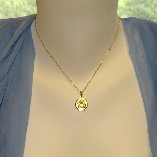 Medalla para bebé con Angelito de 14mm y Cadena Forzada picada de 40cm. 2.45gr de Oro de 18k - Imagen 2
