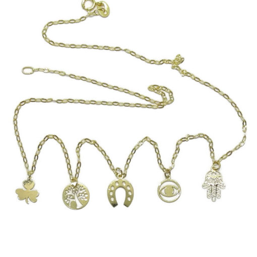 Collar de la Suerte de Oro de 18k 5 símbolos. 40cm de Largo. 1.45gr de Oro de 18k