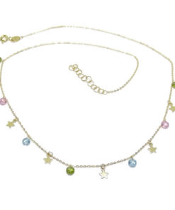 Collar de Oro Amarillo de 18k con 6 Estrellas de Oro de 5mm y 7 circonitas de Color 45cm