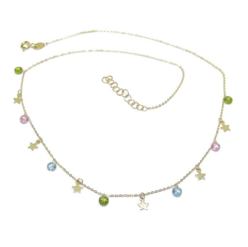 Collar de Oro Amarillo de 18k con 6 Estrellas de Oro de 5mm y 7 circonitas de Color 45cm