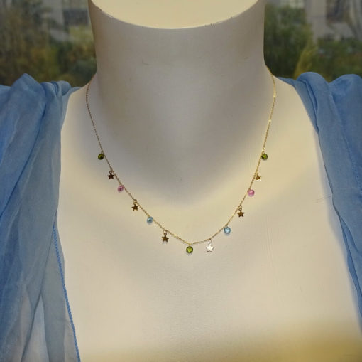 Collar de Oro Amarillo de 18k con 6 Estrellas de Oro de 5mm y 7 circonitas de Color 45cm - Imagen 2