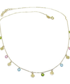 Collar de Moda de Oro de 18k con 6 tréboles de 4 Hojas de Oro de 5mm y 7 circonitas de Color de 5mm