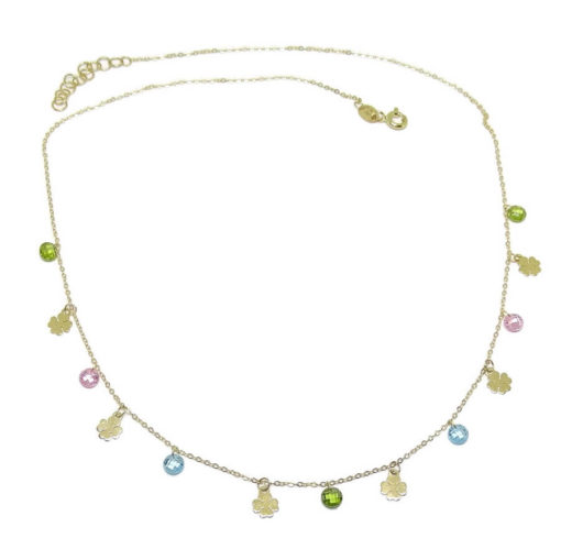 Collar de Moda de Oro de 18k con 6 tréboles de 4 Hojas de Oro de 5mm y 7 circonitas de Color de 5mm