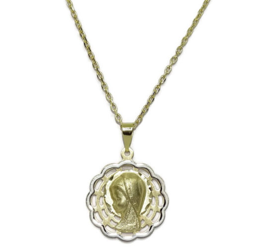 Medalla de Bicolor de Oro de 18k con la Virgen Niña de 18mm Calada. Especial comunión y Mujer.