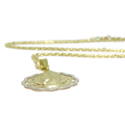 Medalla de Bicolor de Oro de 18k con la Virgen Niña de 18mm Calada. Especial comunión y Mujer. - Imagen 3