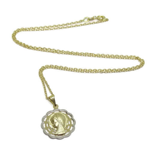 Medalla de Bicolor de Oro de 18k con la Virgen Niña de 18mm Calada. Especial comunión y Mujer. - Imagen 5