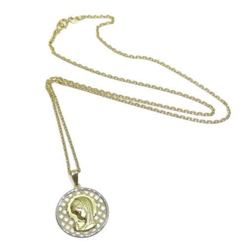 Medalla de Oro Amarillo y Oro Blanco de 18k con la Virgen Niña de 20mm Calada y Cadena Forzada de 45cm. Especial comunión y Mujer - Imagen 5