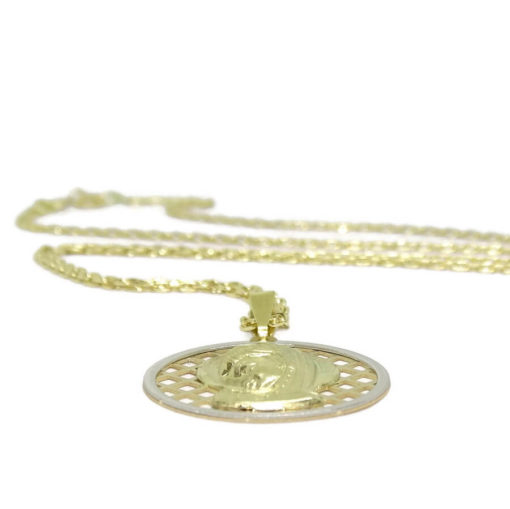 Medalla de Oro Amarillo y Oro Blanco de 18k con la Virgen Niña de 20mm Calada y Cadena Forzada de 45cm. Especial comunión y Mujer - Imagen 4