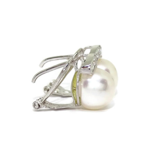 Pendientes para mujer de oro blanco de 18k con 10 circonitas y perla cultivada tipo botón de 9mm. Cierre omega - Imagen 7