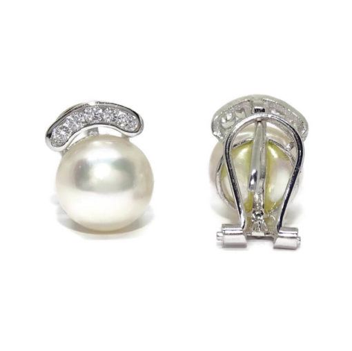 Pendientes para mujer de oro blanco de 18k con 10 circonitas y perla cultivada tipo botón de 9mm. Cierre omega - Imagen 5