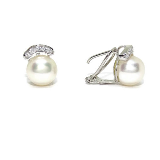 Pendientes para mujer de oro blanco de 18k con 10 circonitas y perla cultivada tipo botón de 9mm. Cierre omega - Imagen 3
