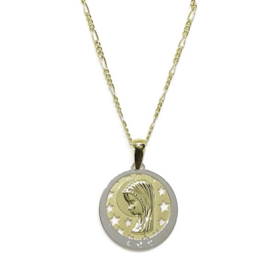 Collar ideal para comunión de oro amarillo de 18K con cadena 3x1 de 45cm de largo y medalla de la Virgen Niña de oro amarillo y oro blanco de 18K.