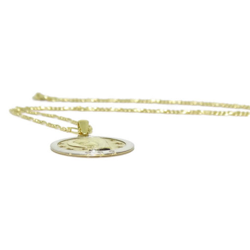 Collar ideal para comunión de oro amarillo de 18K con cadena 3x1 de 45cm de largo y medalla de la Virgen Niña de oro amarillo y oro blanco de 18K. - Imagen 3