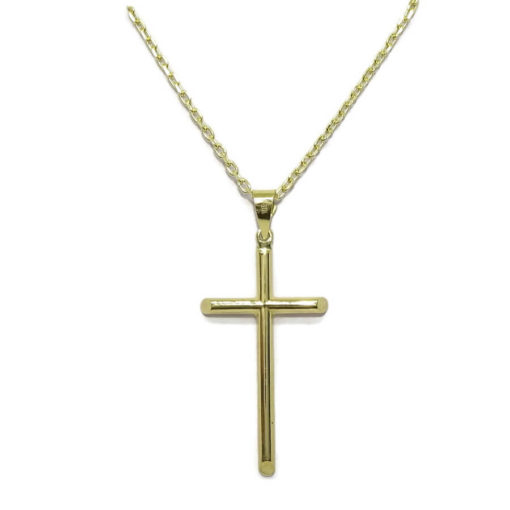 Cruz de oro de 18K de tubo redondo de 2mm de grosor con cadena de oro amarillo de 18K de doble hilo, de 2 mm de ancha por 50cm de larga. Peso, 2.10gr.