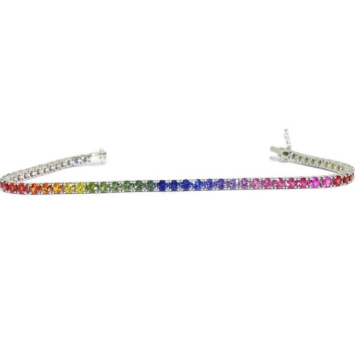 pulsera tipo riviere para mujer de oro blanco de 18k y 6.33cts de zafiros de color. Tendencia rainbow, 8.65gr de oro 18k - Imagen 3