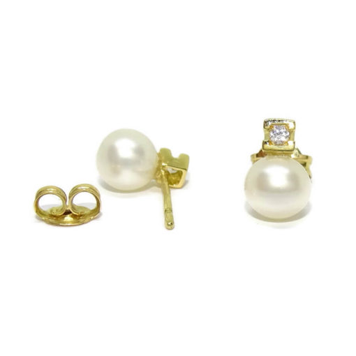 Pendientes para comunión de oro amarillo con 2 diamantes de 0.08cts y 2 perlas cultivadas redondas de 5.5 mm - Imagen 5