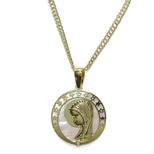Ideal para comunión Medalla de la Virgen Niña Todo de Oro Amarillo de 18K y nácar
