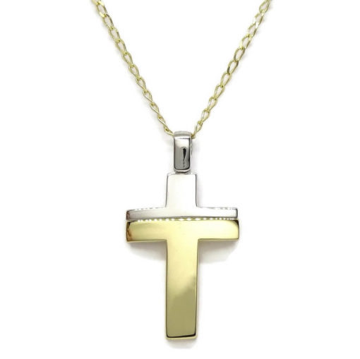 Cruz de Oro bicolor horizontal de 18k especial comunión con cadena bilbao maciza de 50cm