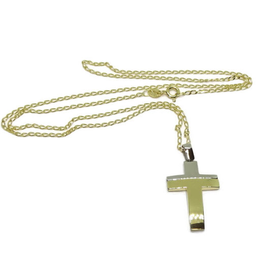 Cruz de Oro bicolor horizontal de 18k especial comunión con cadena bilbao maciza de 50cm - Imagen 6