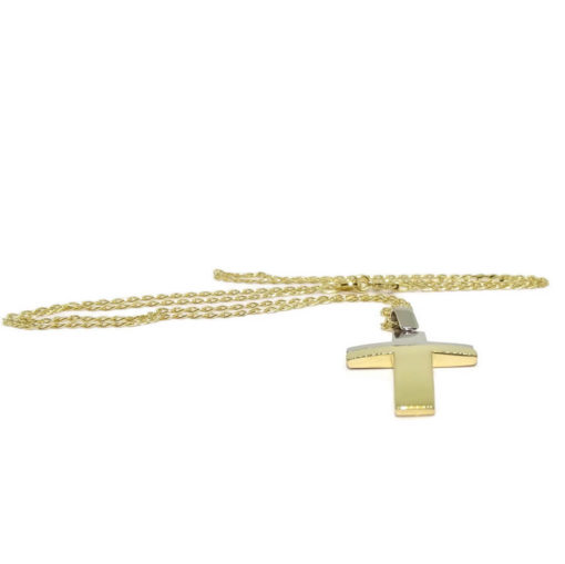 Cruz de Oro bicolor horizontal de 18k especial comunión con cadena bilbao maciza de 50cm - Imagen 3