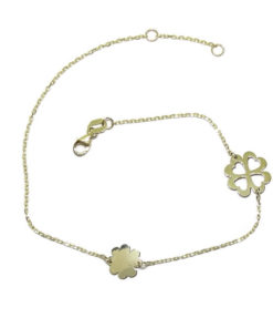 Tobillera de oro amarillo de 18k con cadena de forzada y 2 motivos de trébol de 4 hojas.