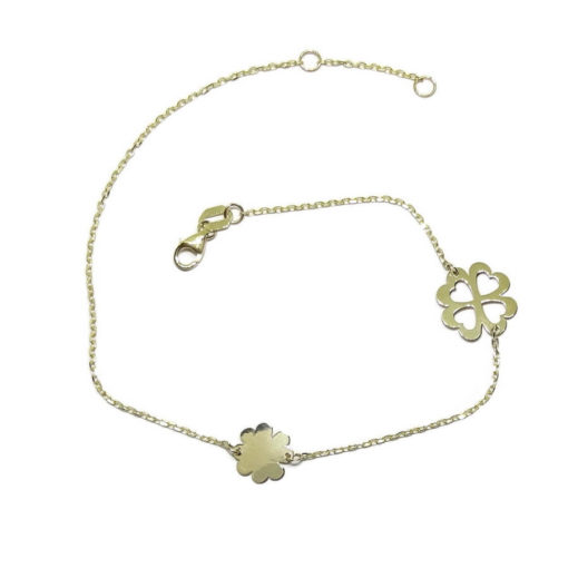 Tobillera de oro amarillo de 18k con cadena de forzada y 2 motivos de trébol de 4 hojas.
