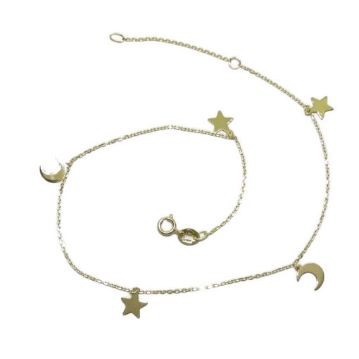 Tobillera de oro amarillo de 18k con cadena mini-forzada y estrellas y lunas.