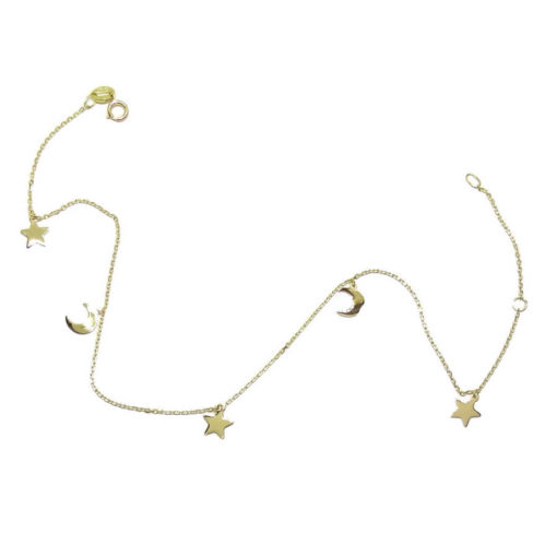 Tobillera de oro amarillo de 18k con cadena mini-forzada y estrellas y lunas. - Imagen 2